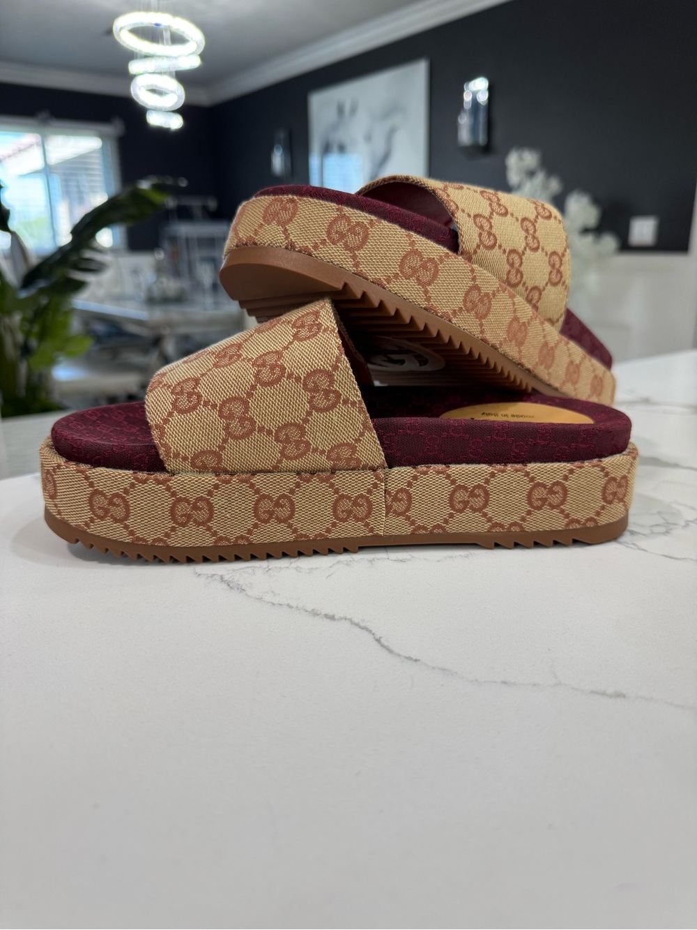 Gucci Beige & Burgundy GG Monogram Platform Slide Sandals